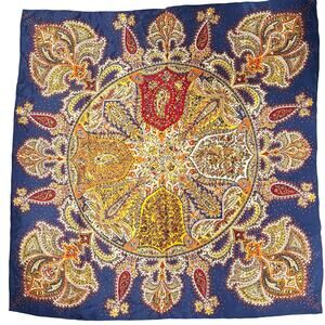 Vintage Silk Scarf Large Square paisley print blue gold red orange dramatic chic